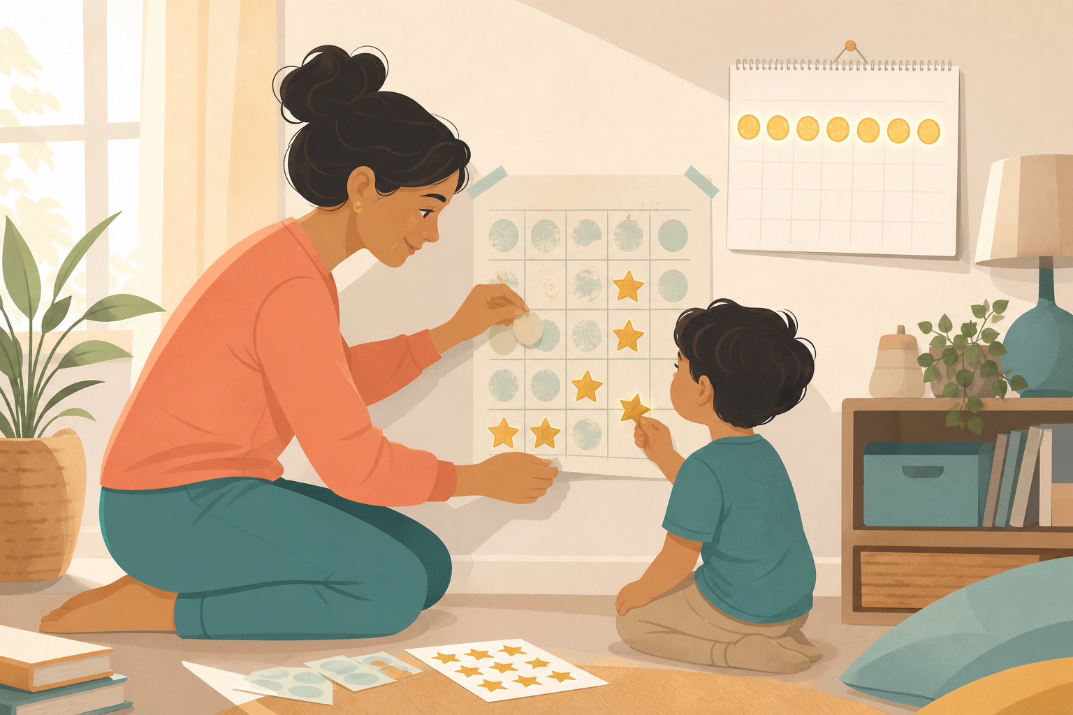 Illustration of a parent and child refreshing a sticker chart on the wall as part of a 7-day reset routine