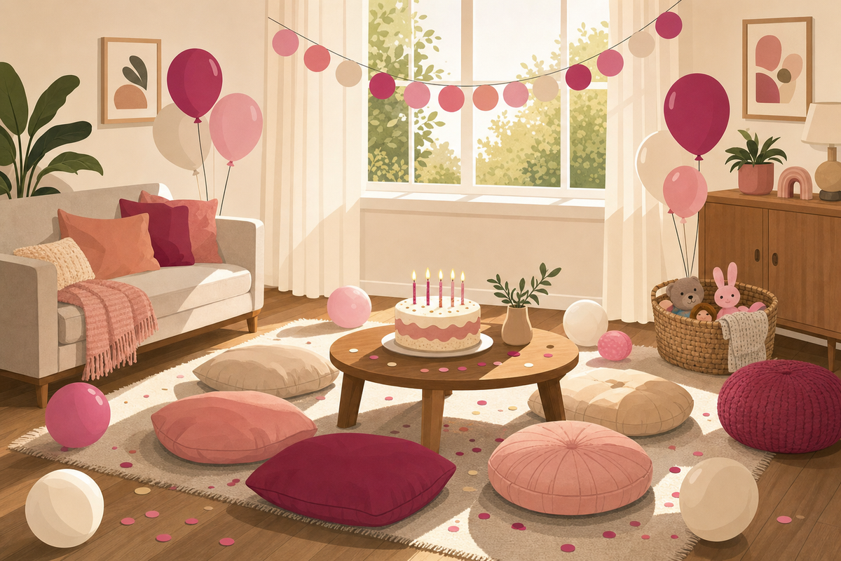 Flat illustration of a simply decorated living room with balloons, a small birthday cake, floor cushions, and a toy basket, representing an easy indoor birthday party setup for a 5-year-old.