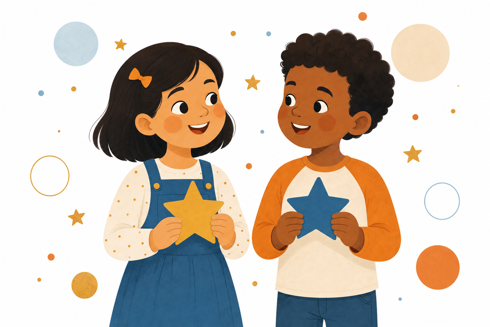 Two children standing together, each holding a star sticker, representing fair and equal treatment in a sibling reward system