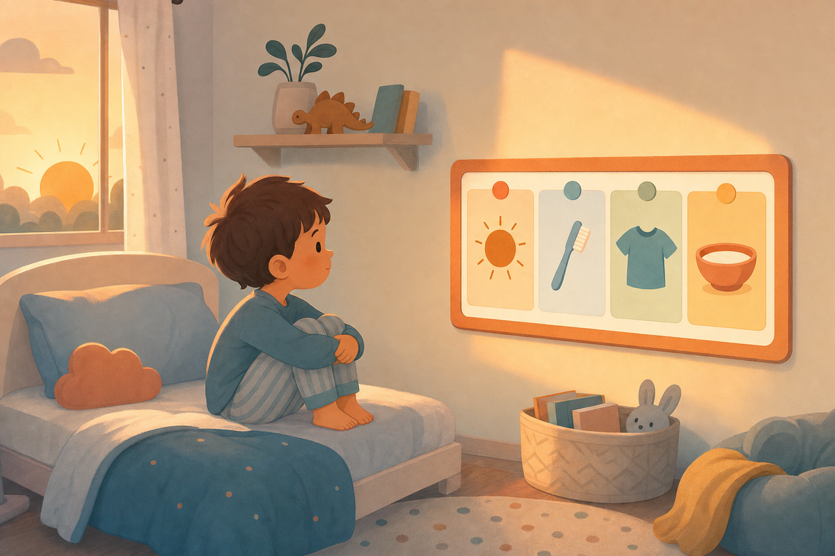 Illustration of a child sitting calmly on a bed looking at a colorful visual morning routine chart with simple icons on the wall, bathed in soft warm sunrise light.