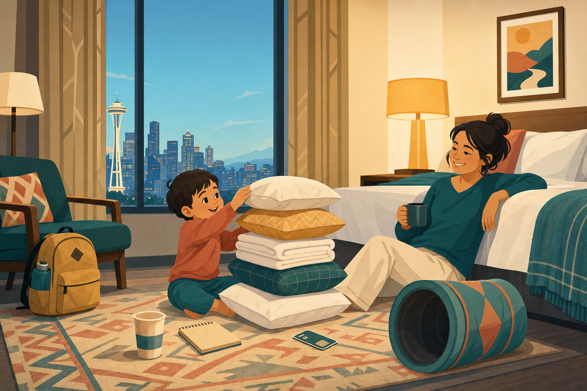 Flat illustration of a toddler playing with pillows and towels in a hotel room while a tired parent smiles nearby, representing screen-free hotel activities for young kids.