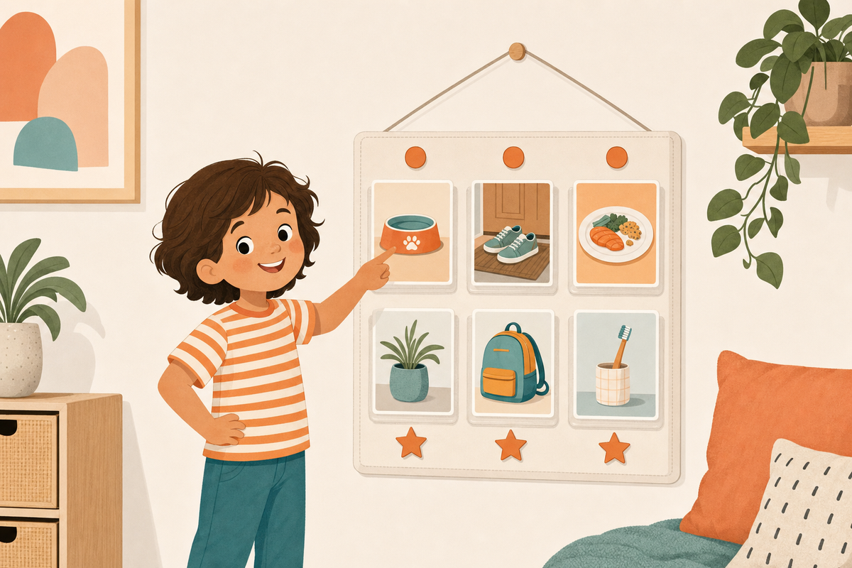Child looking at a visual chore chart with illustrated daily task cards in a modern home setting