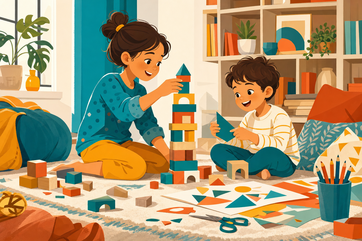 Flat illustration of two siblings of different ages happily playing together indoors with blocks and crafts, no screens involved.