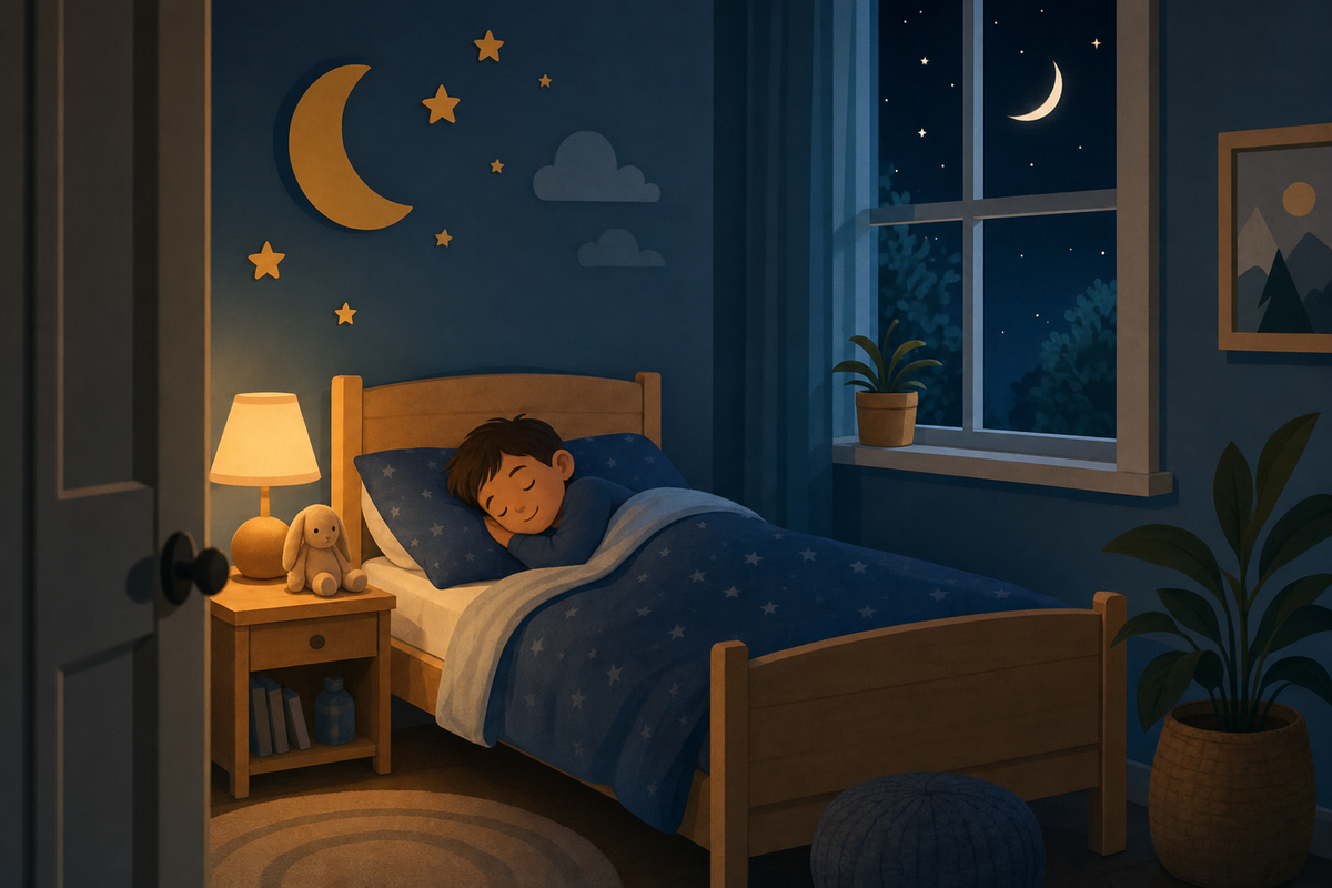 Peaceful illustration of a child's bedroom at night with a sleeping child in bed, depicting a calm and successful bedtime routine