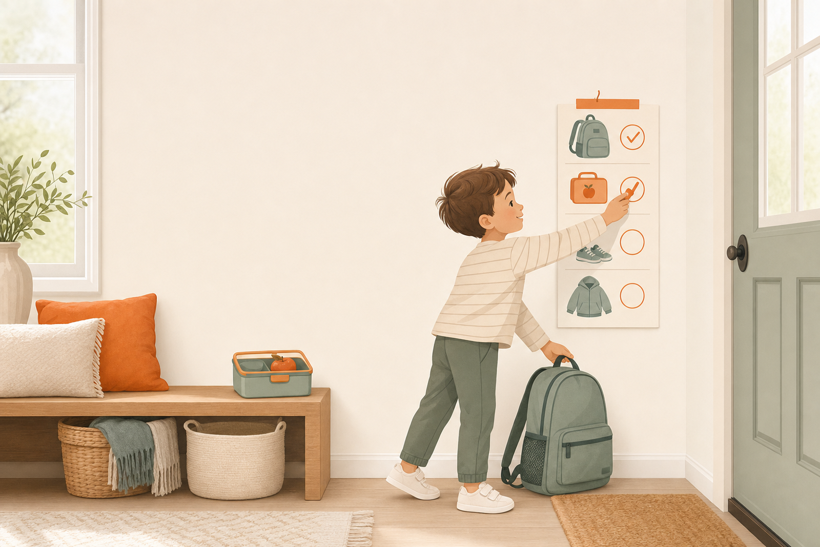 Flat illustration of a child checking a visual morning routine chart with icons for backpack, lunch, shoes, and jacket before leaving for school.