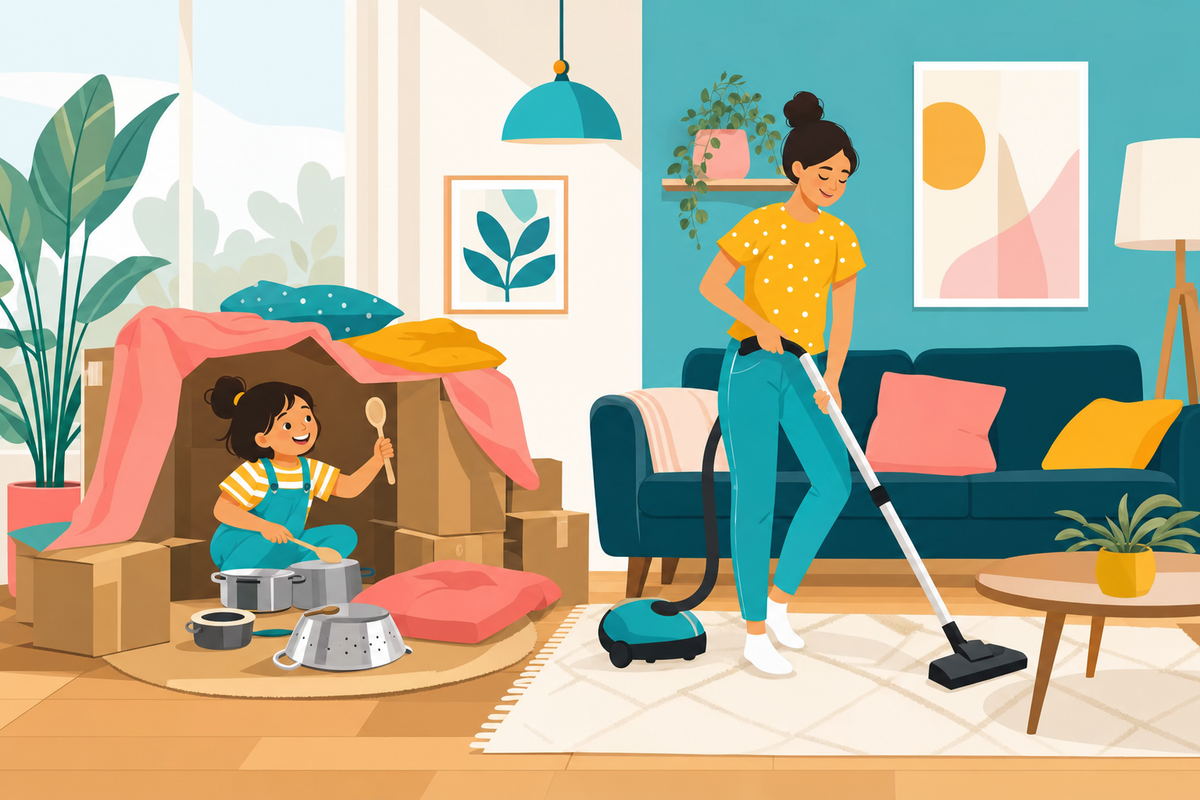 Illustration showing a child playing independently with household items while a parent cleans nearby in a modern, colorful living room