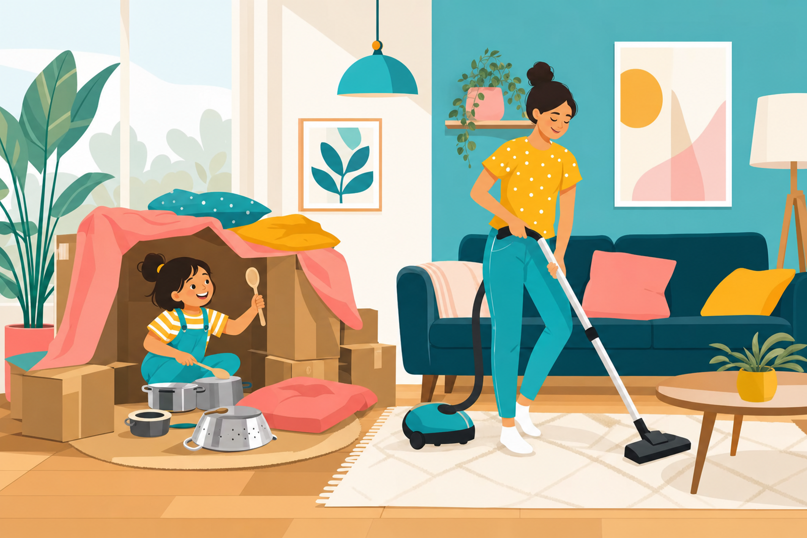 Illustration showing a child playing independently with household items while a parent cleans nearby in a modern, colorful living room