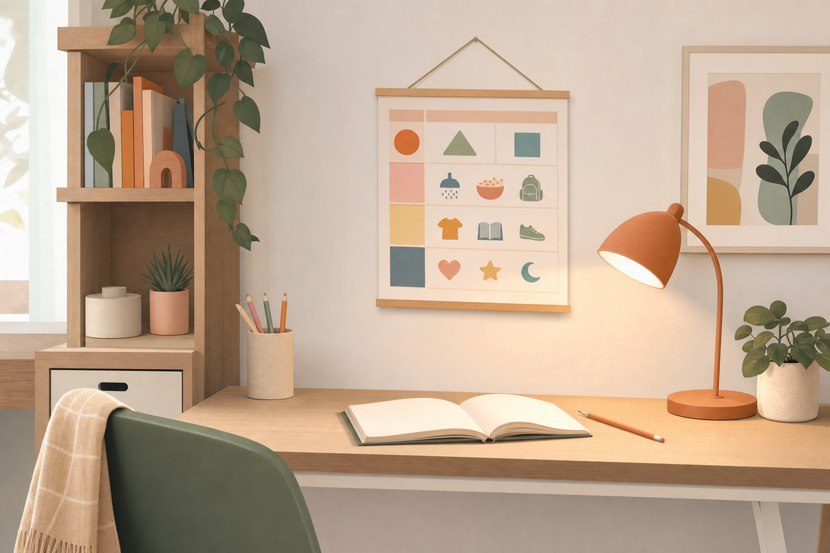A serene study corner with a desk, notebook, and visual routine chart on the wall in soft pastel colors