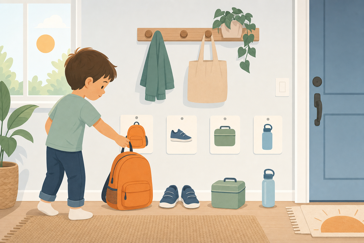 Flat illustration of a child gathering a backpack, shoes, lunch box, and water bottle by the front door, next to a wall chart with simple picture icons representing a visual morning routine.