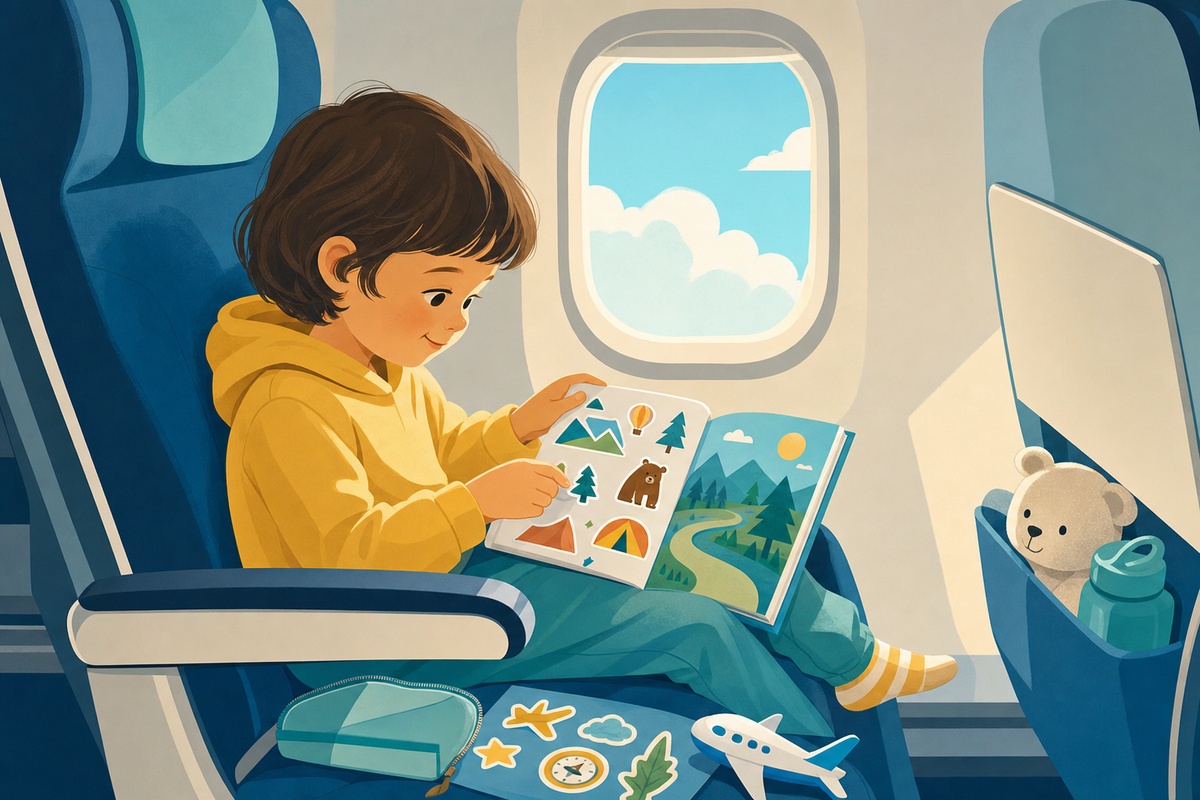 Illustration of a toddler entertained with compact activities in an airplane seat without a tray table