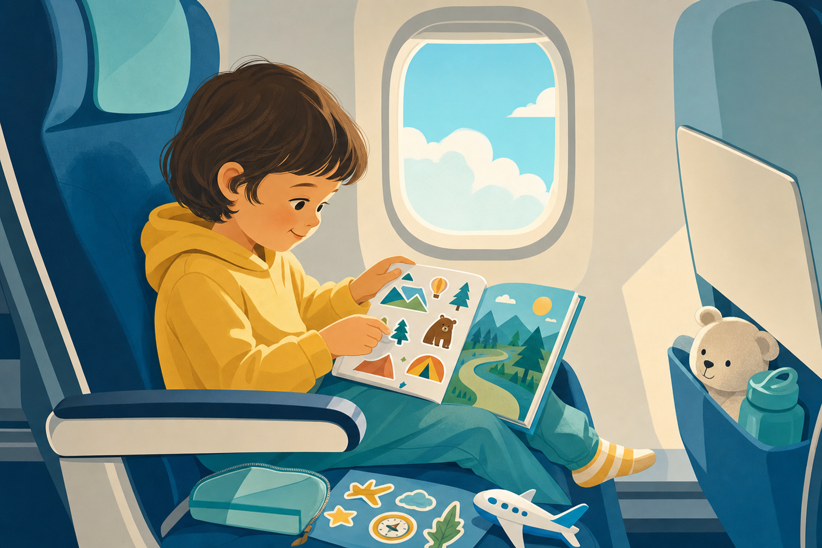 Illustration of a toddler entertained with compact activities in an airplane seat without a tray table