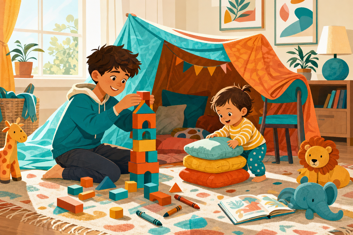 Flat illustration of two siblings of different ages playing screen-free indoor games together, building blocks and a blanket fort in a cozy living room.