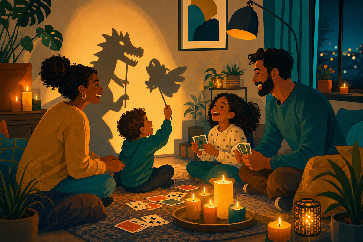 Family enjoying screen-free activities together by candlelight during a power outage