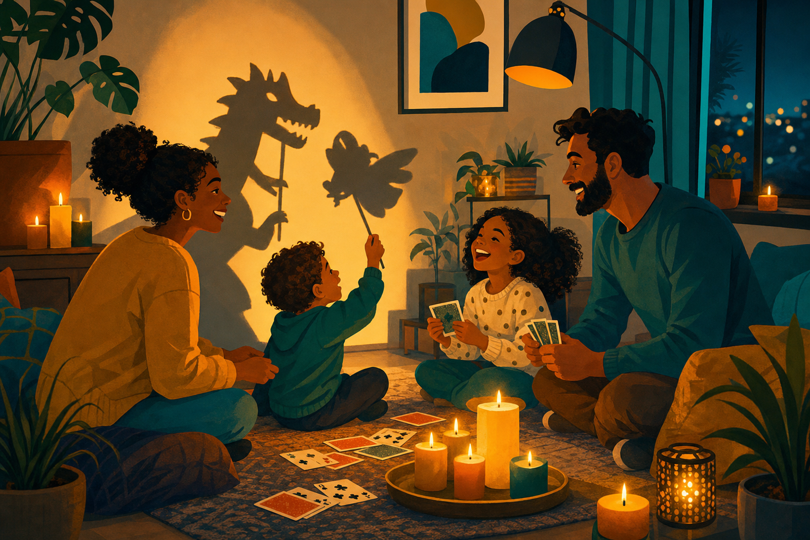 Family enjoying screen-free activities together by candlelight during a power outage