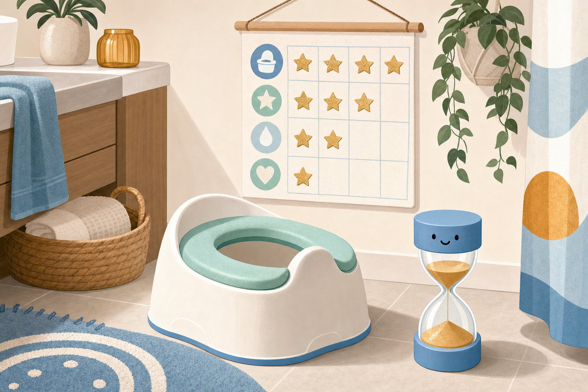 Illustration of a potty training setup with a child's potty seat, timer, and sticker chart with gold stars on the wall