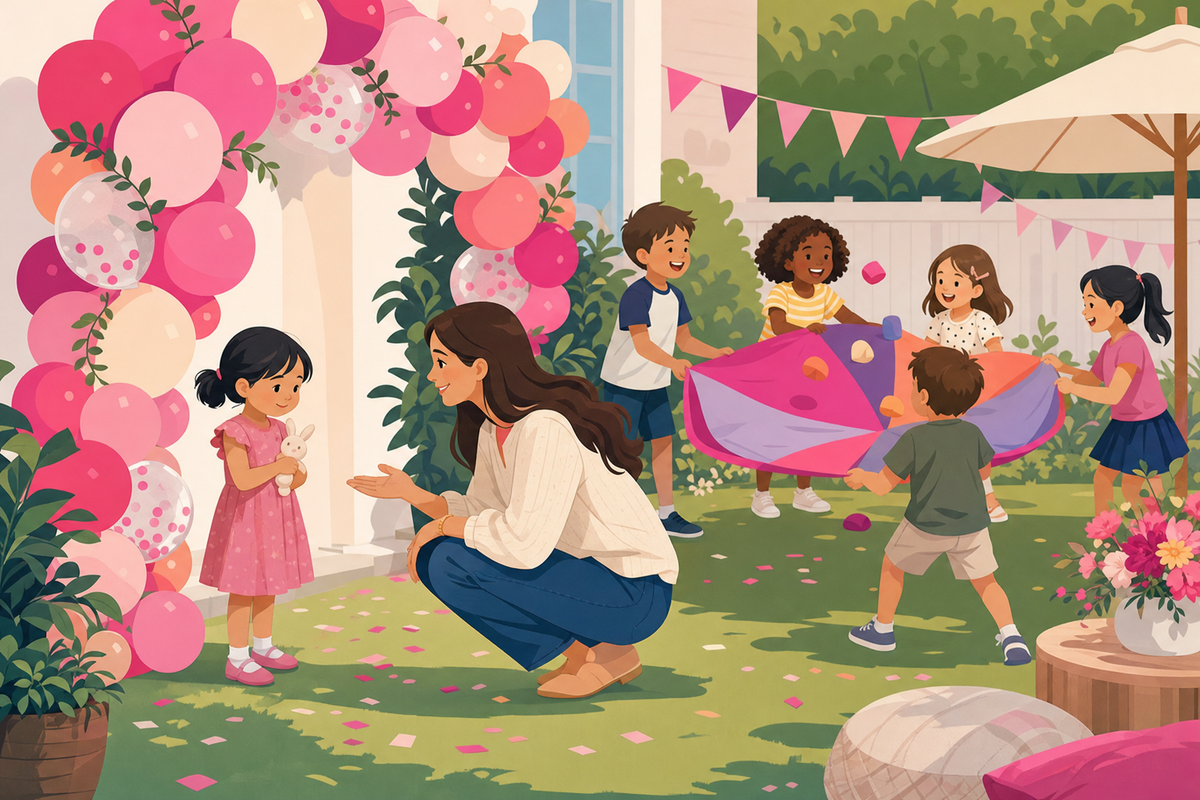 Flat illustration of a shy child watching other kids play a birthday party game from a comfortable distance, with a caring adult nearby offering gentle encouragement.