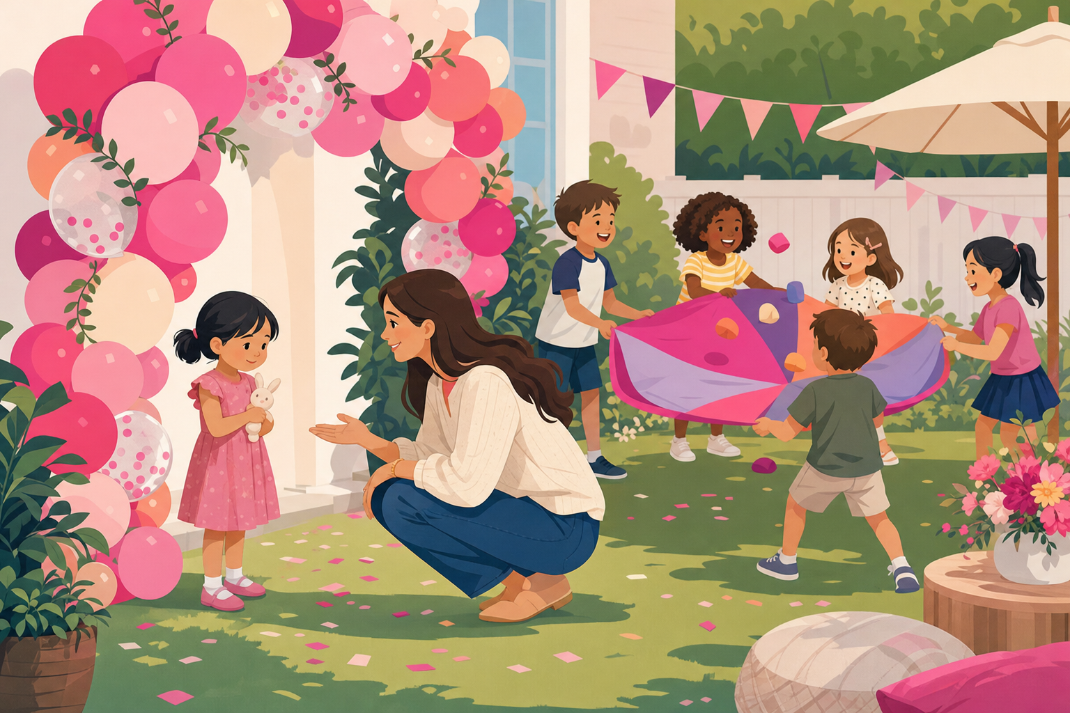 Flat illustration of a shy child watching other kids play a birthday party game from a comfortable distance, with a caring adult nearby offering gentle encouragement.