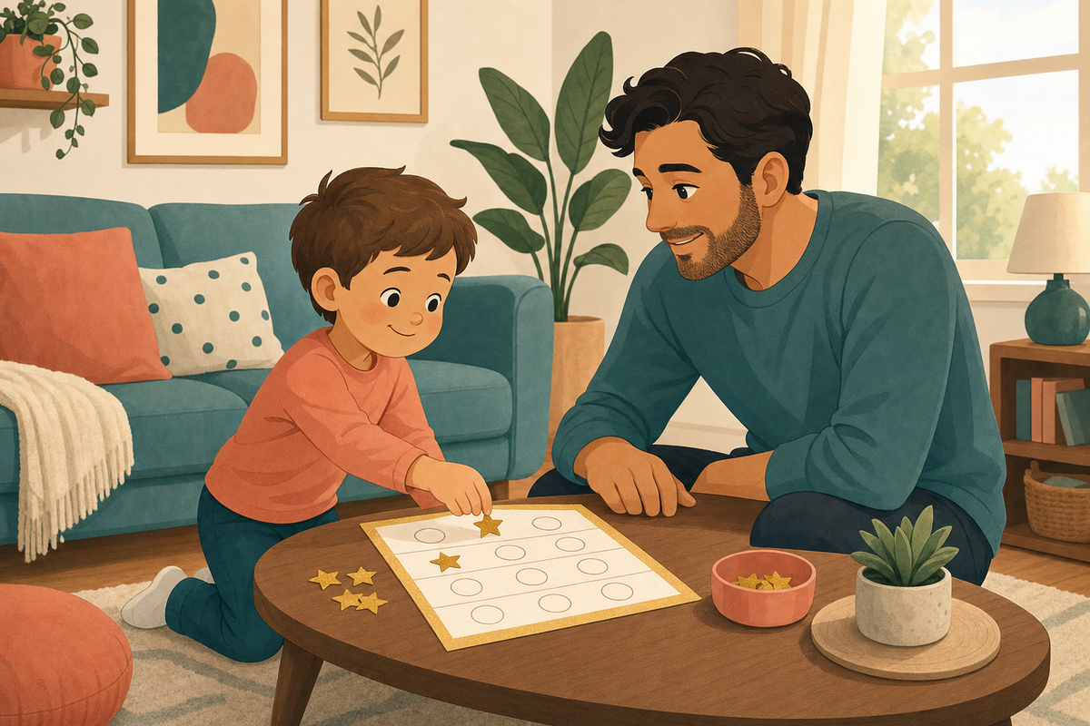 Illustration of a parent and young child calmly placing a gold star sticker on a reward chart together in a cozy living room.