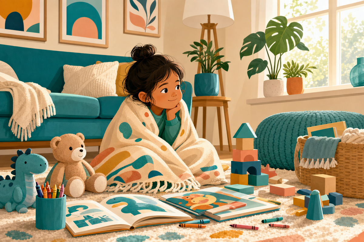 Cozy indoor scene showing a child wrapped in a blanket surrounded by quiet activities like books and toys on a sick day