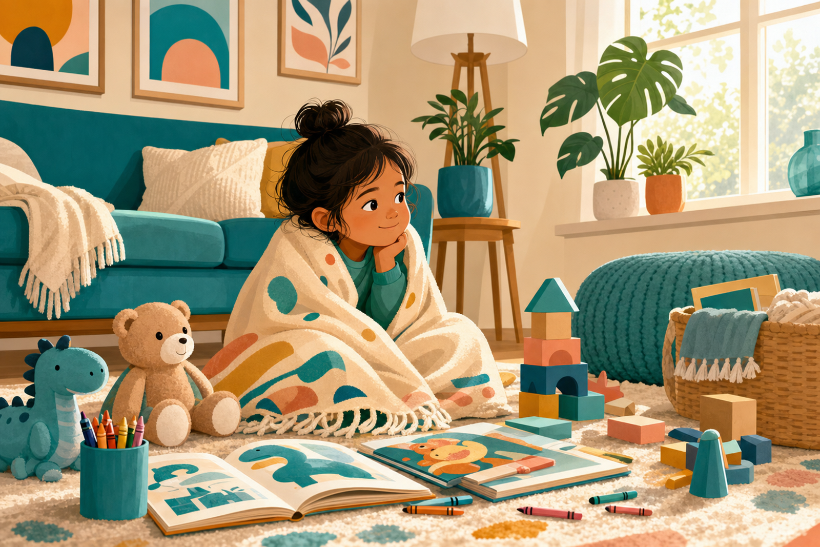 Cozy indoor scene showing a child wrapped in a blanket surrounded by quiet activities like books and toys on a sick day