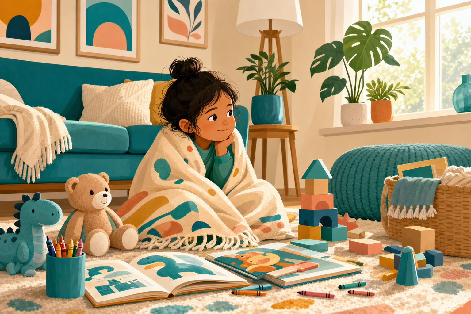 Cozy indoor scene showing a child wrapped in a blanket surrounded by quiet activities like books and toys on a sick day