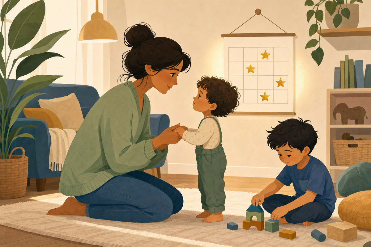 Illustration of a calm parent gently holding a toddler's hands near a sticker chart with gold stars, while a sibling plays peacefully nearby, symbolizing calm guidance for toddler aggression.