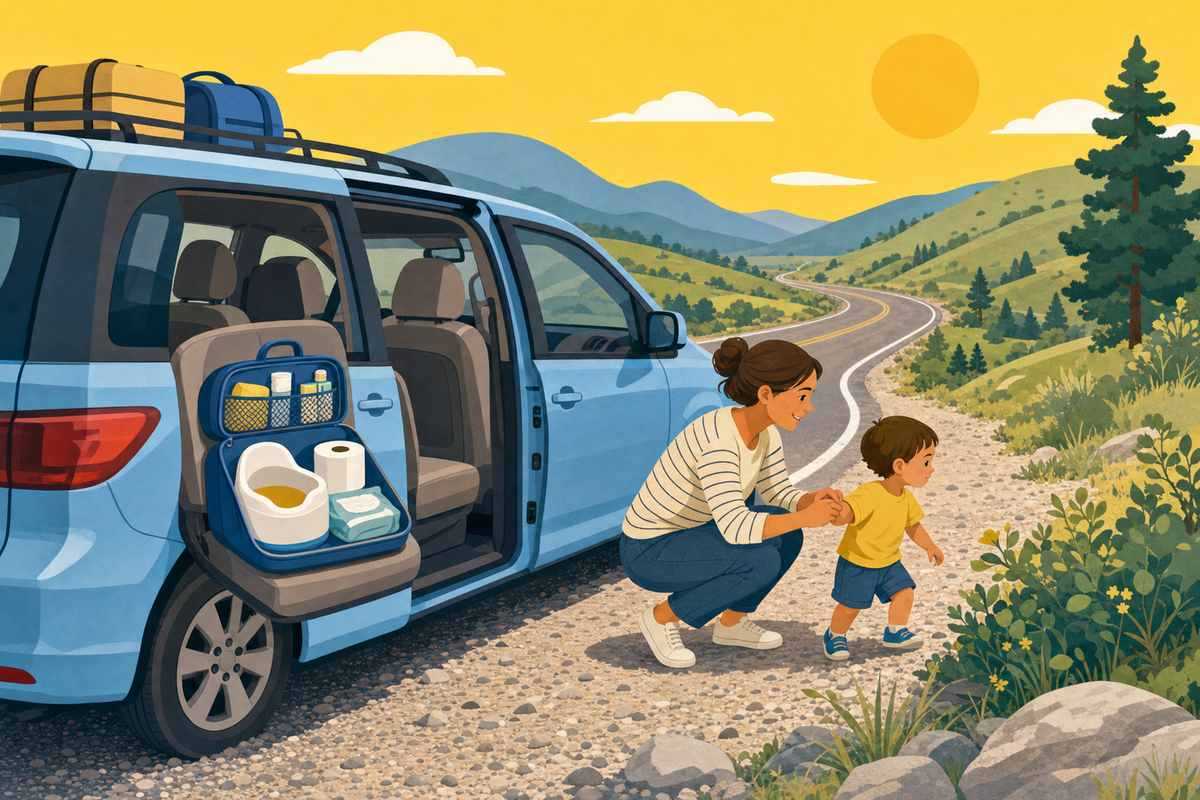 Flat illustration of a family pulled over on a roadside during a road trip, helping a child out of the car near an open emergency car bathroom kit.