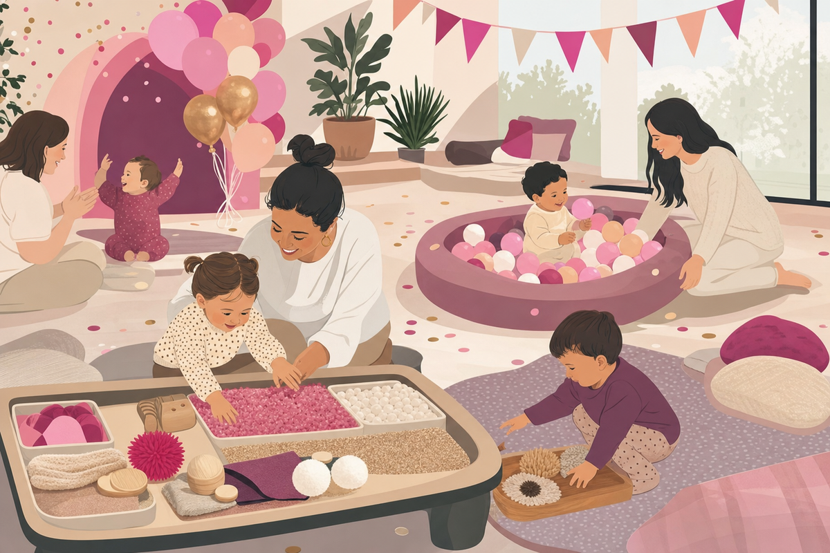 Illustration of a toddler-friendly first birthday party setup with sensory play stations and open exploration areas