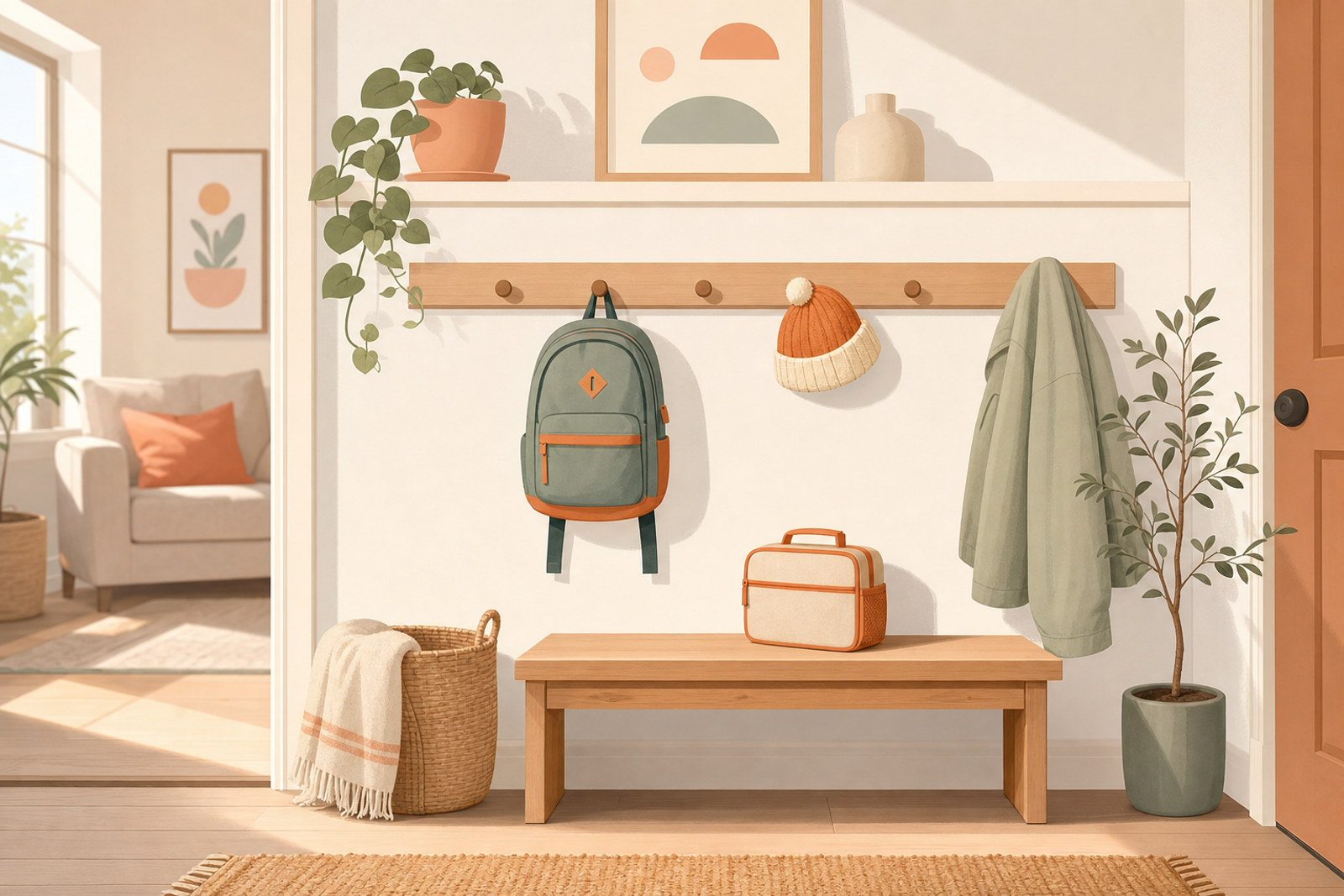 Organized entryway with child-height hooks holding backpack and hat, lunch box on bench, in soft pastel colors with warm orange accents