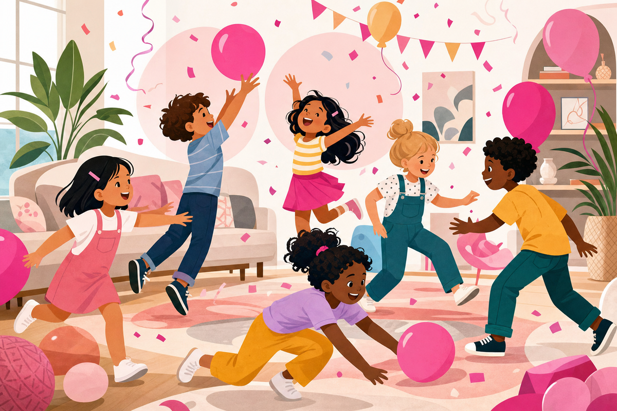 Children playing energetic party games together at an indoor birthday celebration with colorful decorations