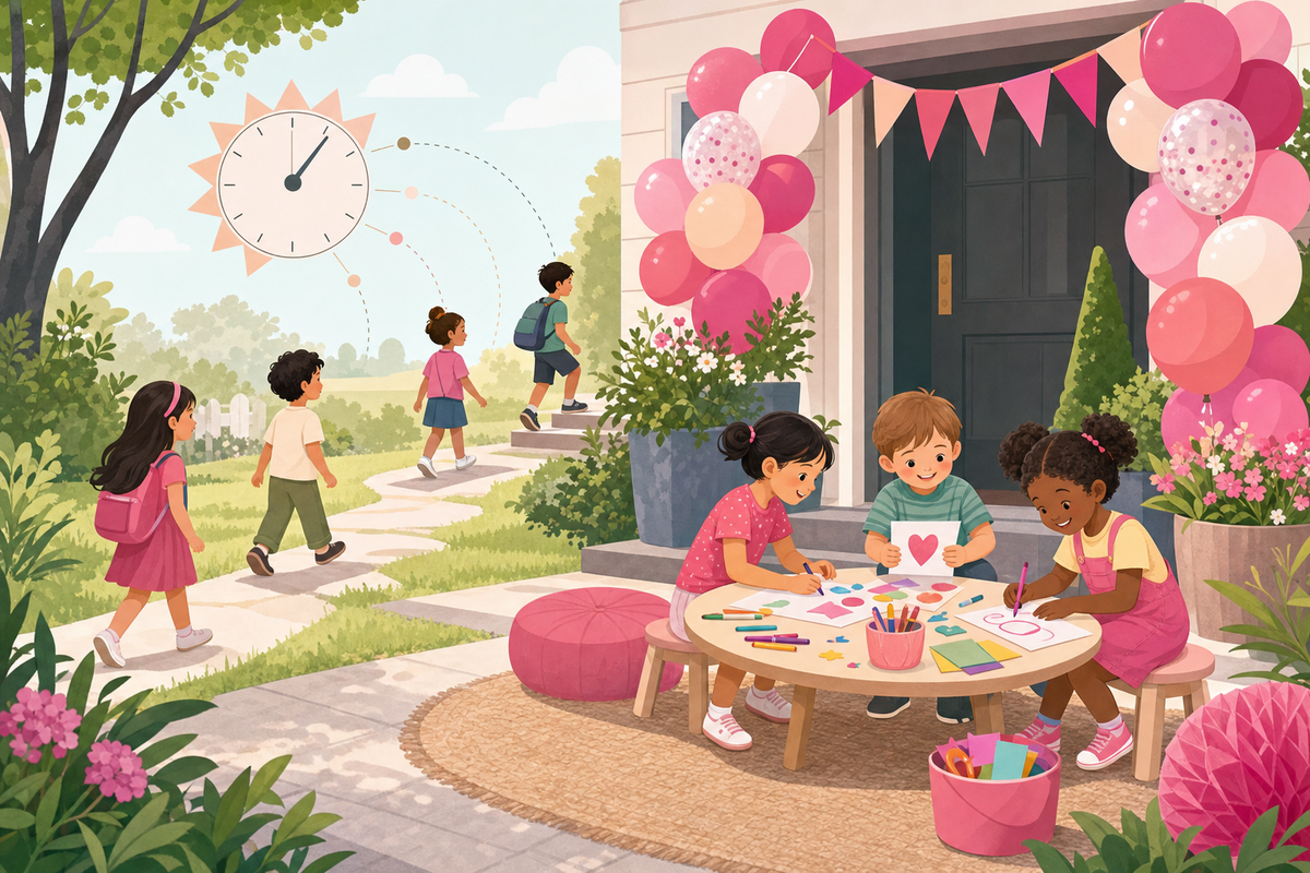 Flat illustration of a birthday party entrance with a welcome activity table and balloons, representing a staggered arrival-window plan for a kids' party.