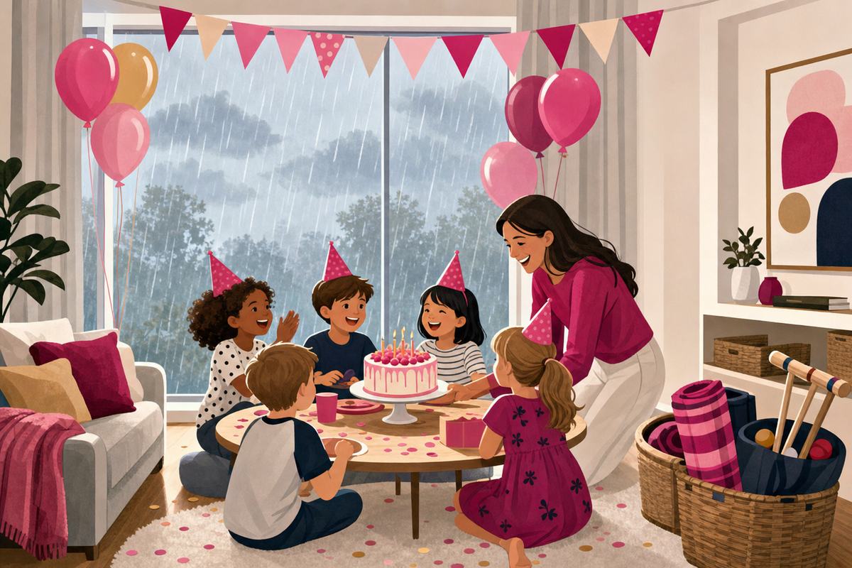 Flat illustration of a rainy day outside a window while a birthday party continues happily indoors with balloons, bunting, and cake.