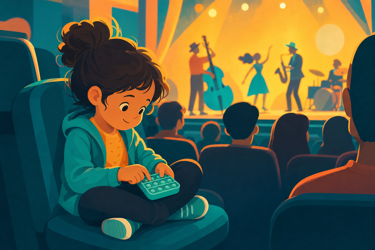 Child quietly occupied with activities while sitting in theater seats during a performance