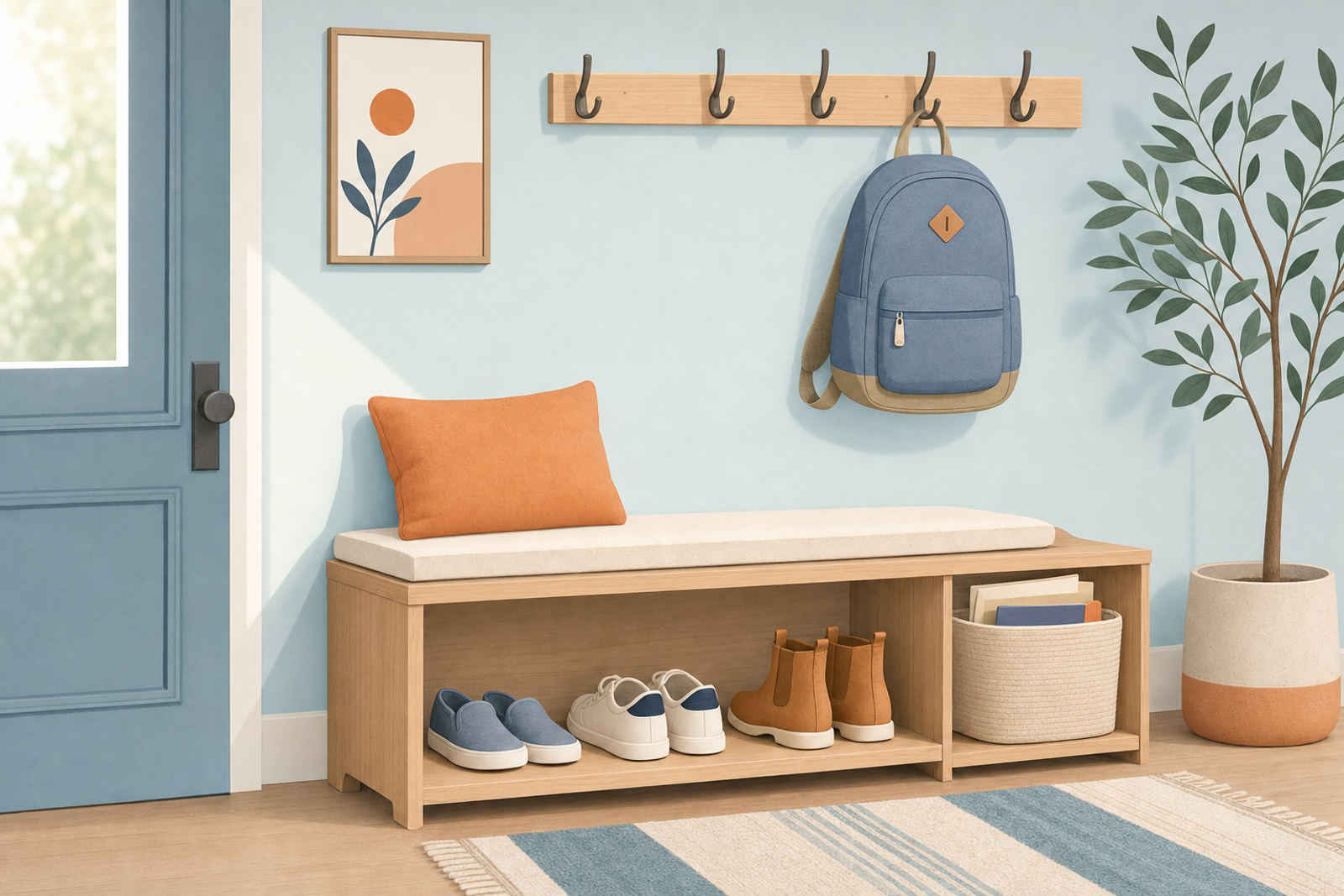 Organized entryway with backpack hook, bench, and storage solutions in a calm, modern illustration style
