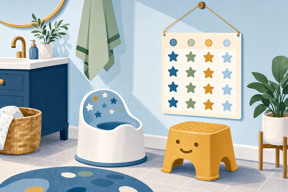 Cheerful bathroom scene showing a potty training setup with a decorated potty chair, step stool, and star reward chart in modern flat illustration style