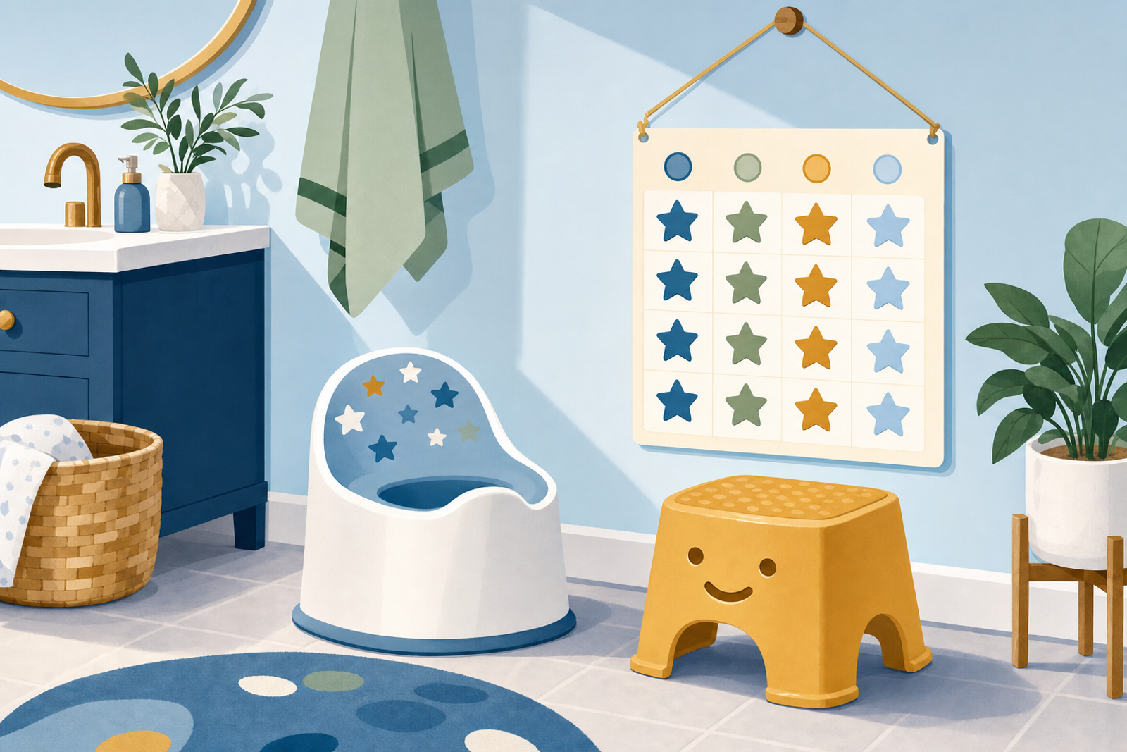 Cheerful bathroom scene showing a potty training setup with a decorated potty chair, step stool, and star reward chart in modern flat illustration style
