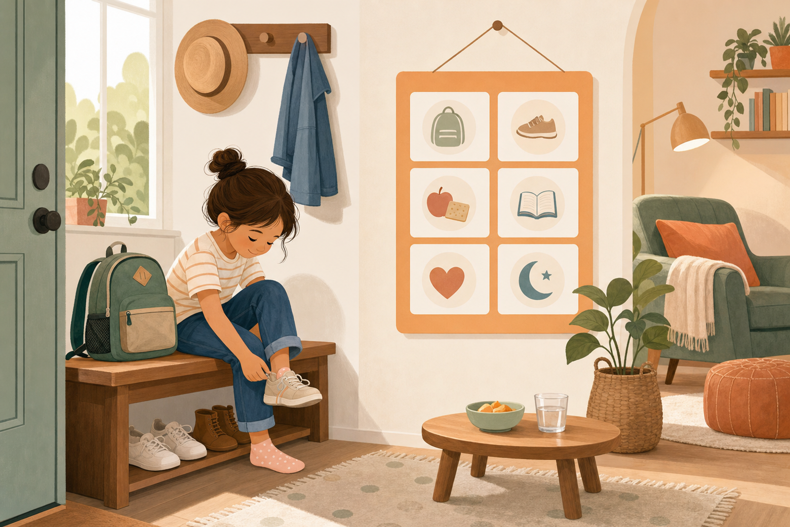 Flat illustration of a child transitioning calmly from school to home, with a simple icon-based routine chart on the wall representing an after-school routine to reduce meltdowns.