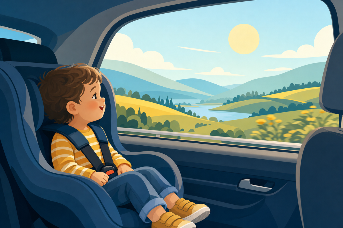 Toddler in car seat looking out window at scenic landscape during road trip