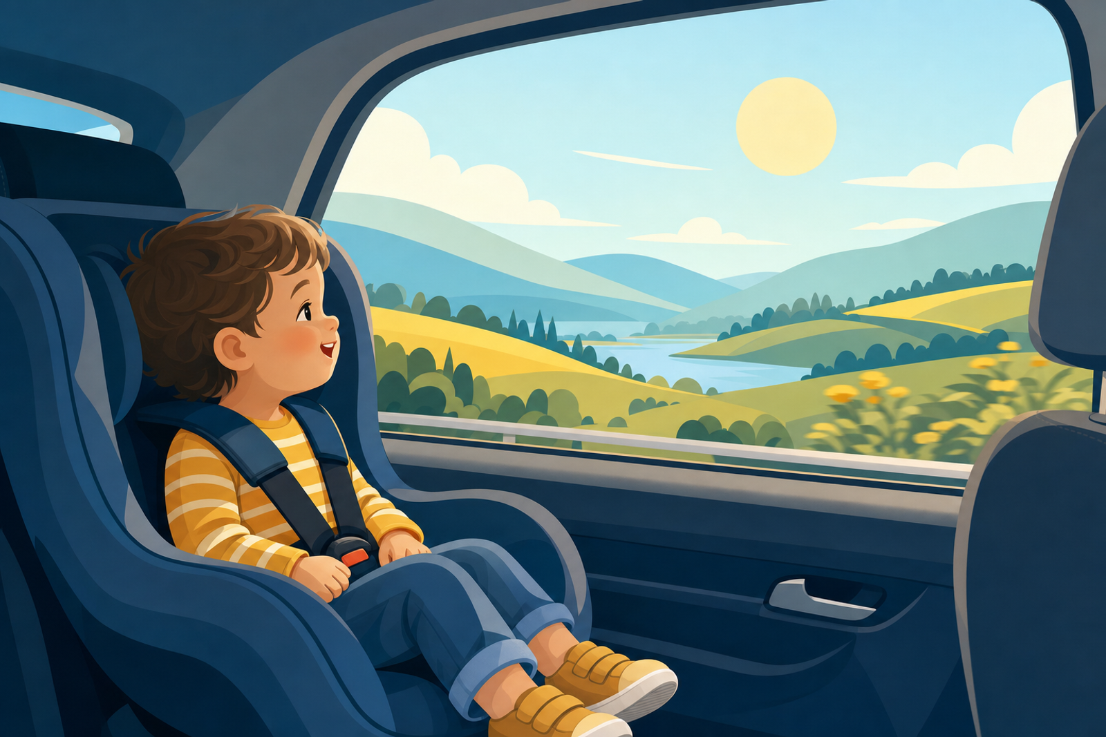 Toddler in car seat looking out window at scenic landscape during road trip