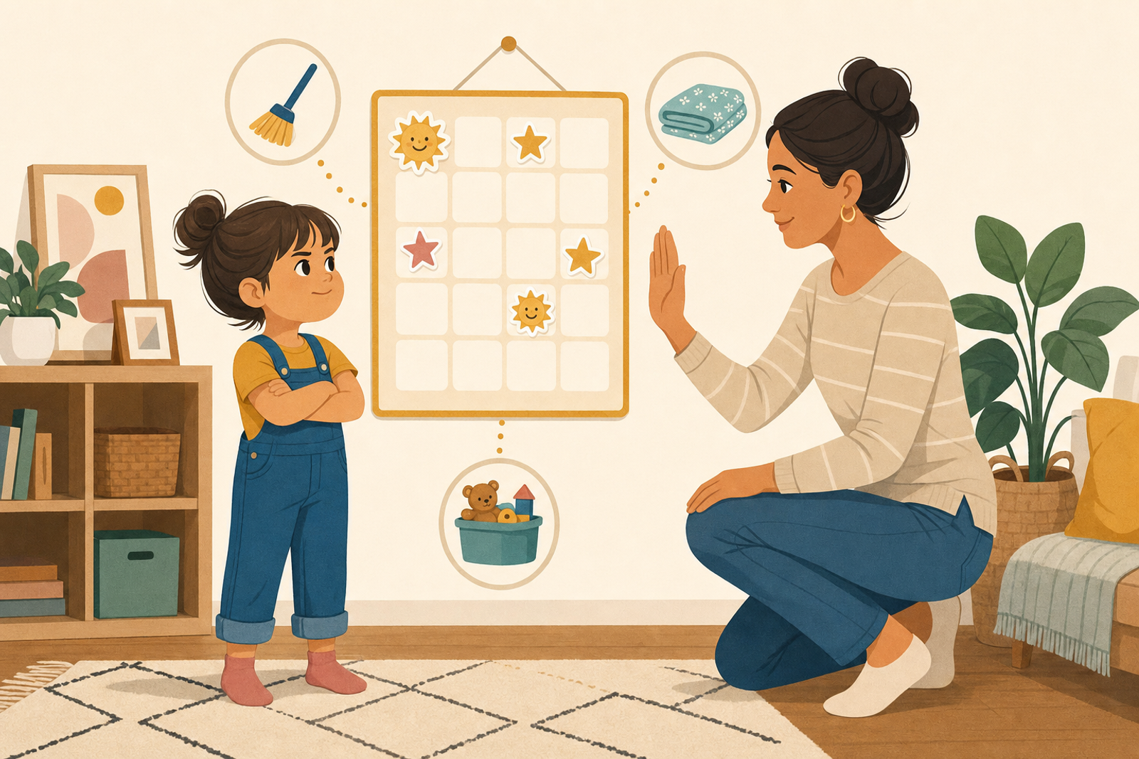 Flat illustration of a parent calmly encouraging a strong-willed 4-year-old beside a colorful sticker chart with chore icons and gold star stickers.