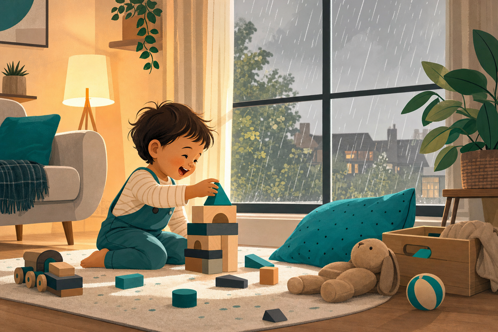 Illustration of a toddler playing with toys indoors while rain falls outside the window