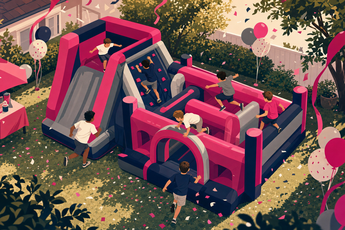 Illustration of young children playing together at an active outdoor birthday party with a single main activity