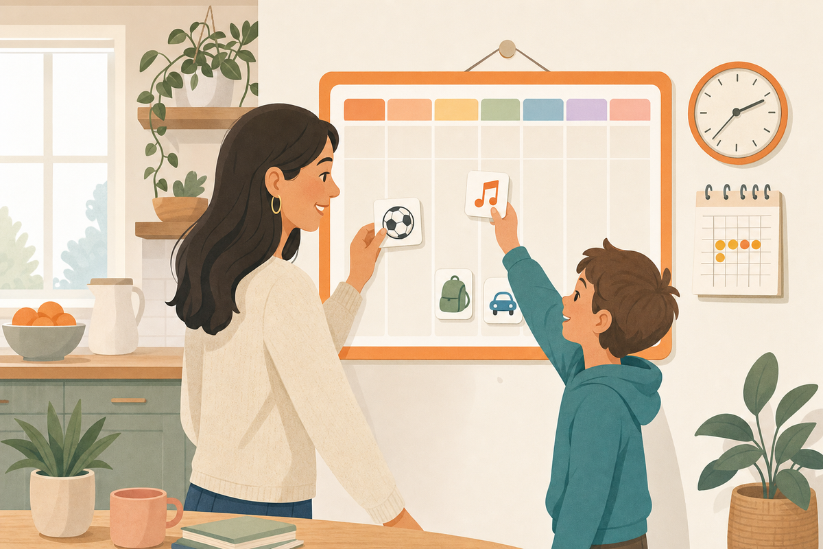 Flat illustration of a parent and child reviewing a flexible after-school routine chart with icons for sports, clubs, and pickup times on the kitchen wall.
