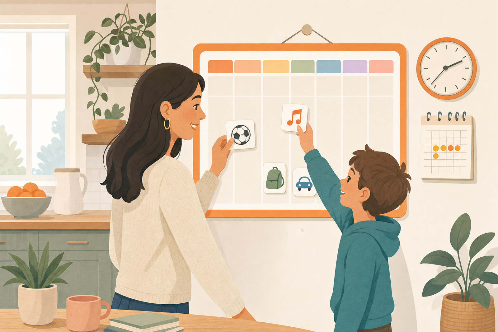 Flat illustration of a parent and child reviewing a flexible after-school routine chart with icons for sports, clubs, and pickup times on the kitchen wall.