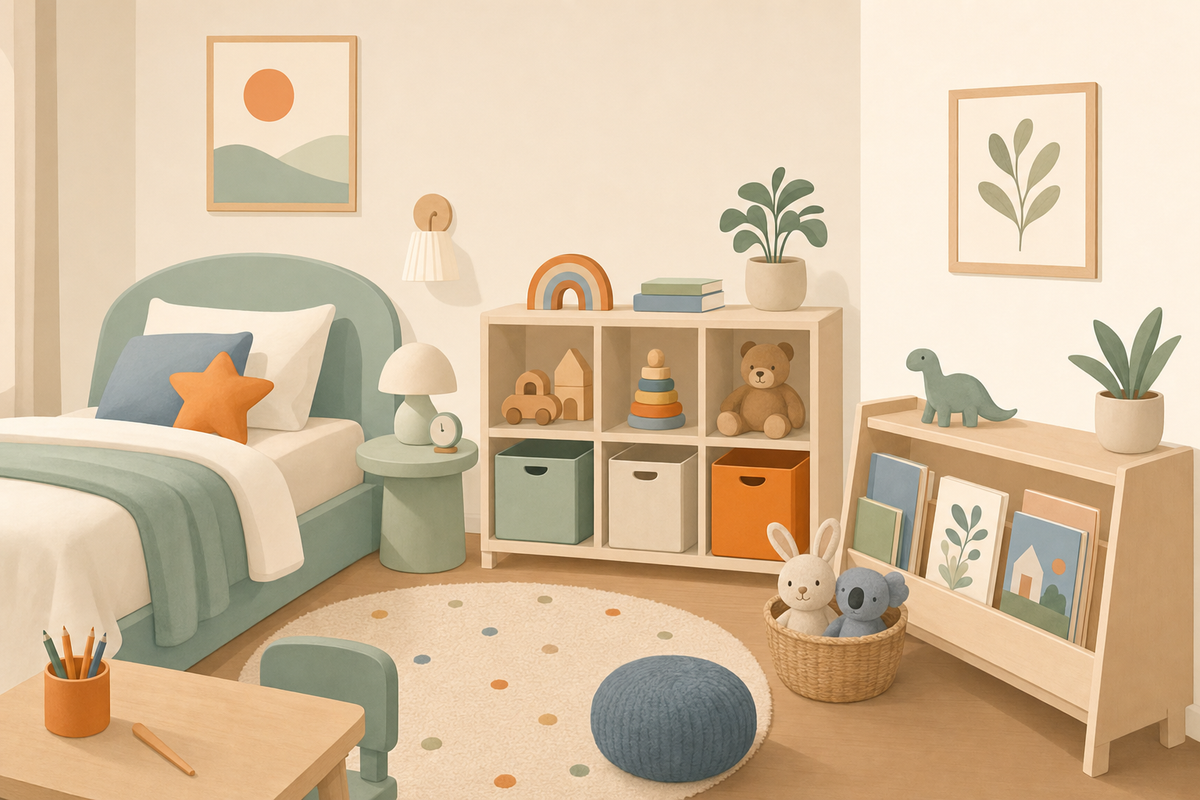 Organized children's bedroom with neatly arranged toys and storage in soft pastel colors