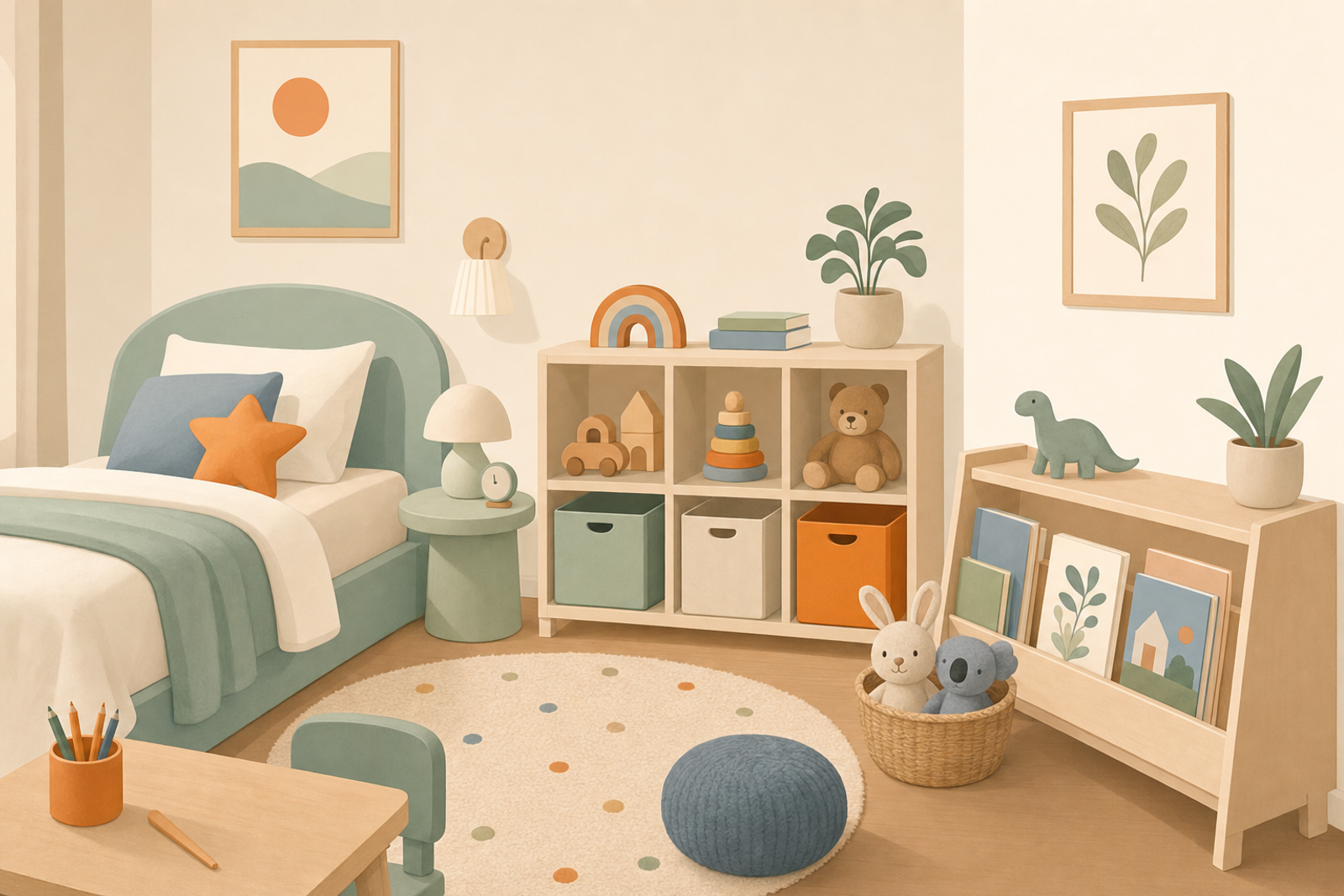 Organized children's bedroom with neatly arranged toys and storage in soft pastel colors
