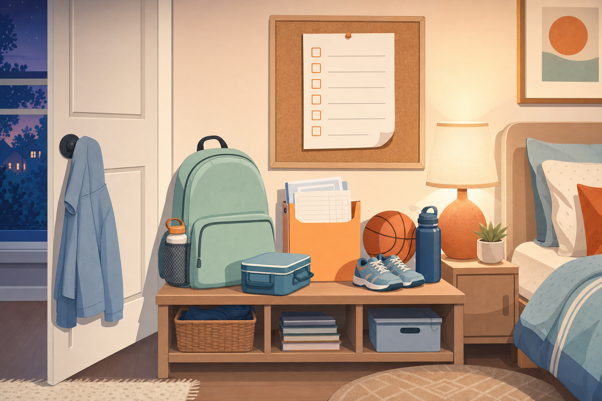 Flat illustration of a child's bedroom at night with a packed backpack, lunchbox, and a printable night-before-school checklist pinned to the wall.