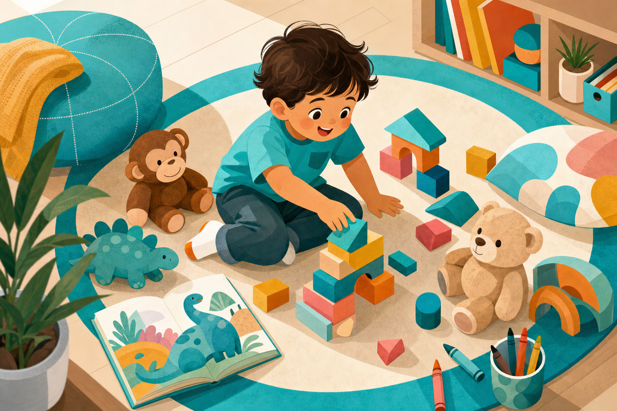 Illustration of a happy 4-year-old child playing with various screen-free indoor activities including blocks, books, and toys in a modern flat art style
