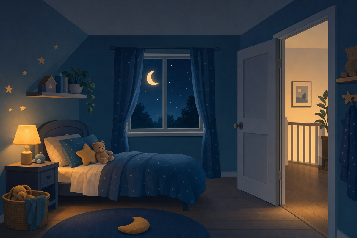Peaceful child's bedroom at night with cozy bed and open doorway, illustrating bedtime independence