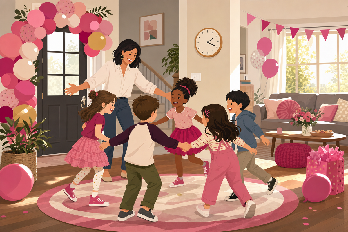 Flat illustration of a parent keeping a small group of kids entertained with a simple game near the front door while waiting for more birthday party guests to arrive.